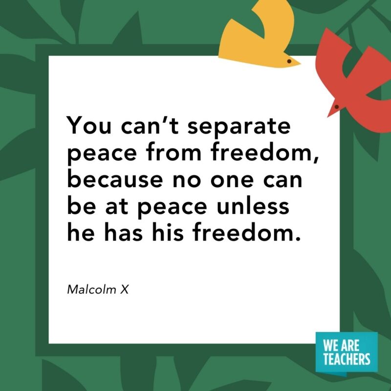 You can’t separate peace from freedom, because no one can be at peace unless he has his freedom. — Malcolm X You can’t separate peace from freedom, because no one can be at peace unless he has his freedom. — Malcolm X