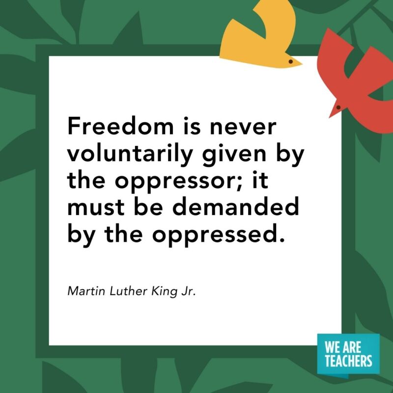 Freedom is never voluntarily given by the oppressor; it must be demanded by the oppressed. — Martin Luther King Jr. Freedom is never voluntarily given by the oppressor; it must be demanded by the oppressed. — Martin Luther King Jr.