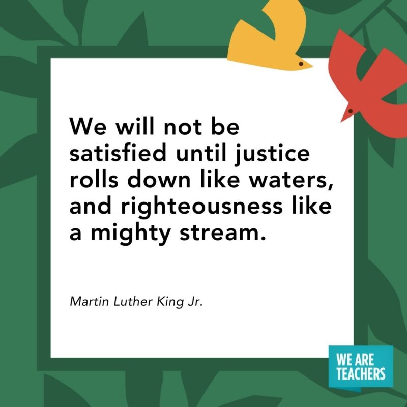 We will not be satisfied until justice rolls down like waters, and righteousness like a mighty stream. — Martin Luther King Jr. We will not be satisfied until justice rolls down like waters, and righteousness like a mighty stream. — Martin Luther King Jr.