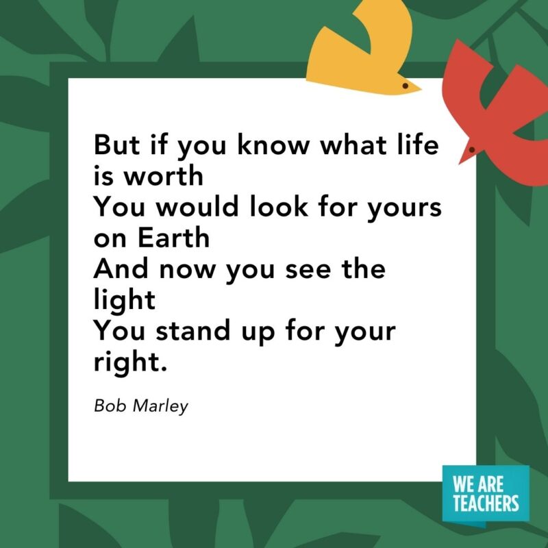 But if you know what life is worth You would look for yours on Earth And now you see the light You stand up for your right. — Bob Marley But if you know what life is worth
You would look for yours on Earth
And now you see the light
You stand up for your right. — Bob Marley