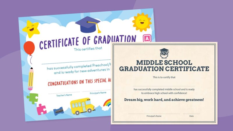 Graduation Background Two diplomas are shown. One is more childish and one is more distinguished looking on a plain beige background.