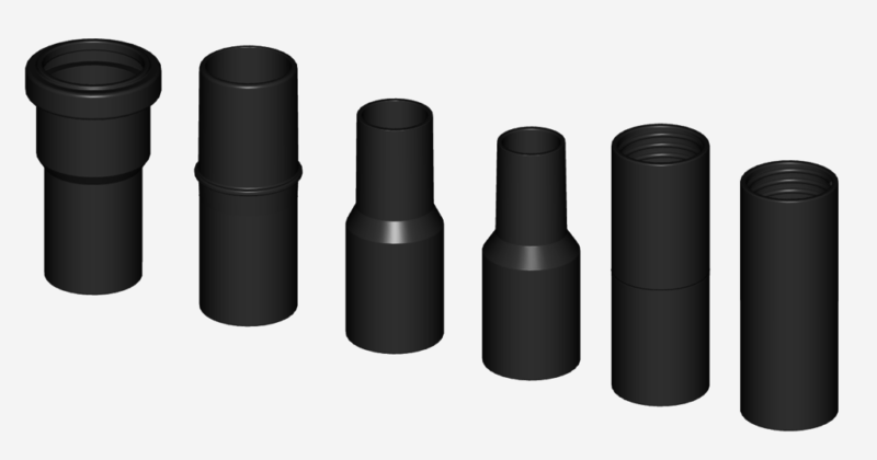 Vacuum Attachment Several different size vacuum attachments are shown in black.