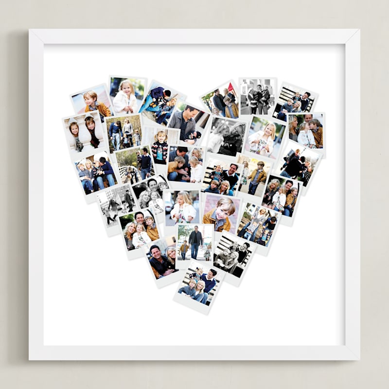 Collage of photos arranged to form a heart shape in a beige frame