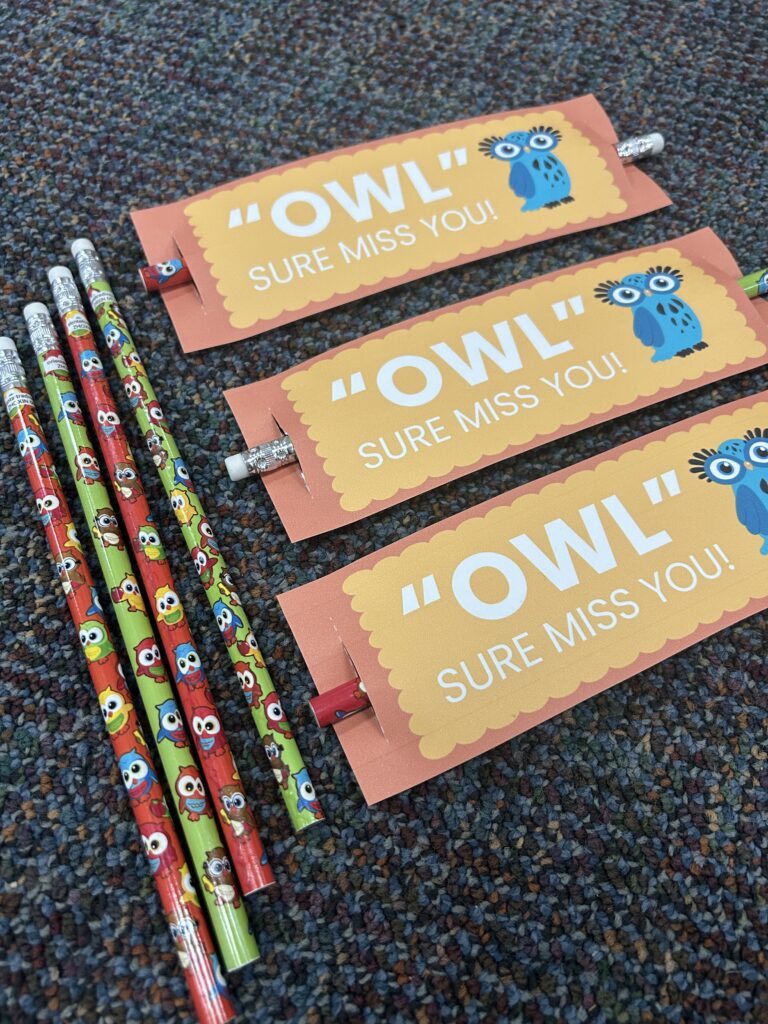 pencil gifts with gift tag that says owl miss you