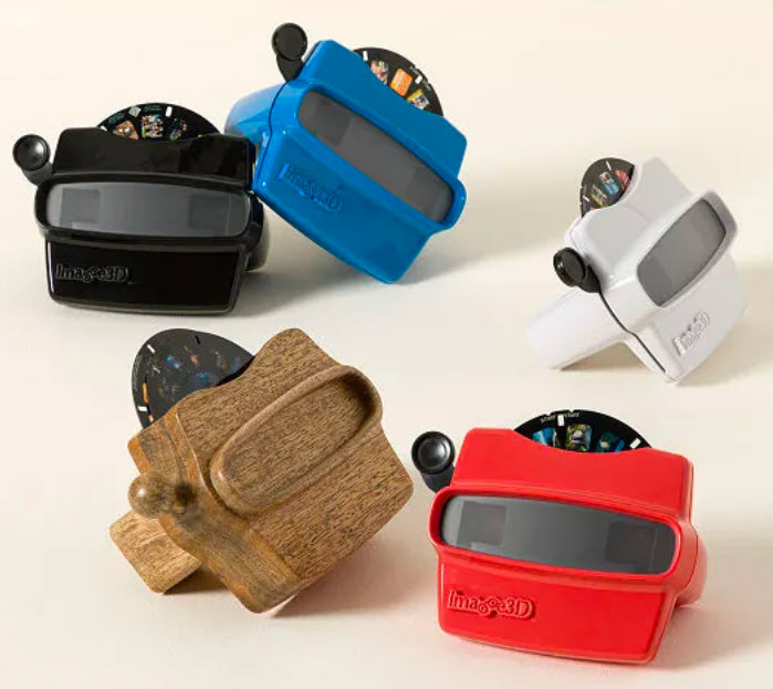 Variety of photo reel viewers in blue, red, black, white, and wood