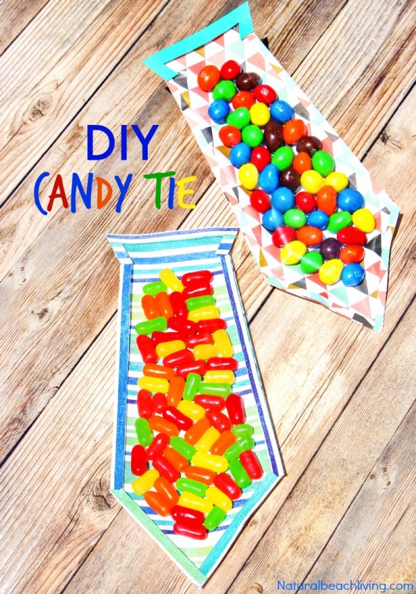 Cute tie made from card stock filled with skittles and other candies.