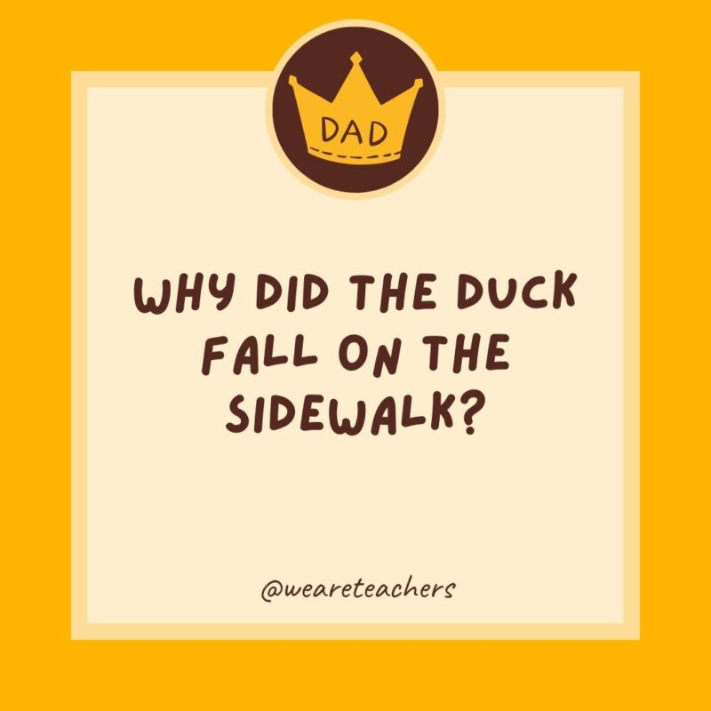 Why did the duck fall on the sidewalk? He tripped on a quack.