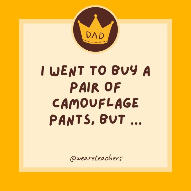 I went to buy a pair of camouflage pants, but ... I couldn’t find them.- dad jokes for kids
