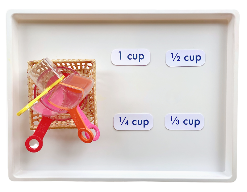 A few measuring cups are shown next to labels that say 1 cup 1/2 cup, 1/3 cup, and 1/4 cup