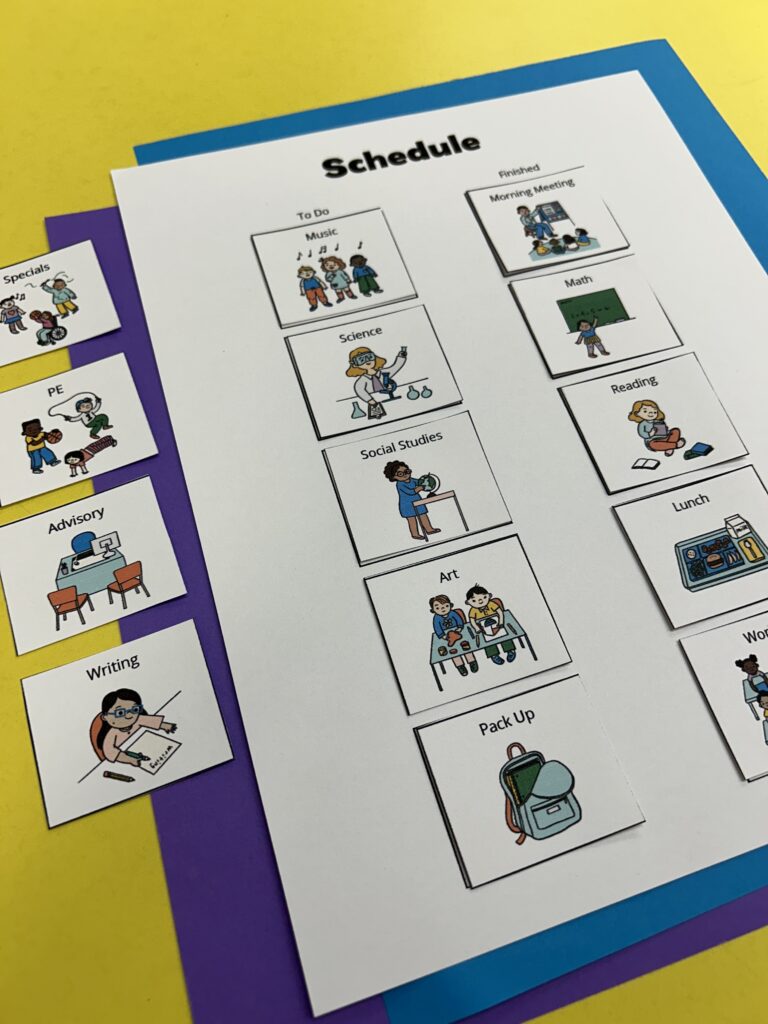 Binder visual schedule template on colorful background.