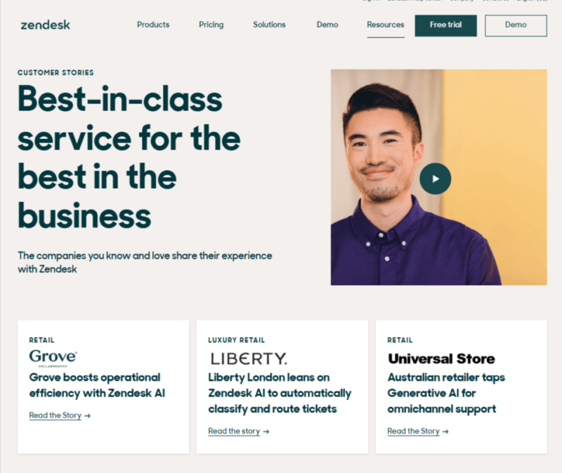 Zendesk's testimonial landing page