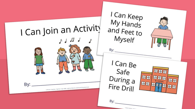 Social Stories for Kids Printable social stories books for kids called I Can Join an Activity, I Can Keep My Hands and Feet to Myself, and I Can Be Safe During a Fire Drill.