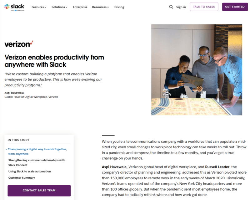 Slack's blog post testimonial for Verizon