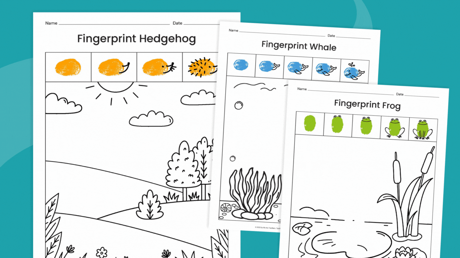 Plus, we've created a bundle of coloring sheets to pair with your DIY fingerprint art. We have sheets with backgrounds for your best fingerprint frogs, whales, hedgehogs, bunnies, and flamingoes. Just click the button below to receive your printable fingerprint art coloring pages!