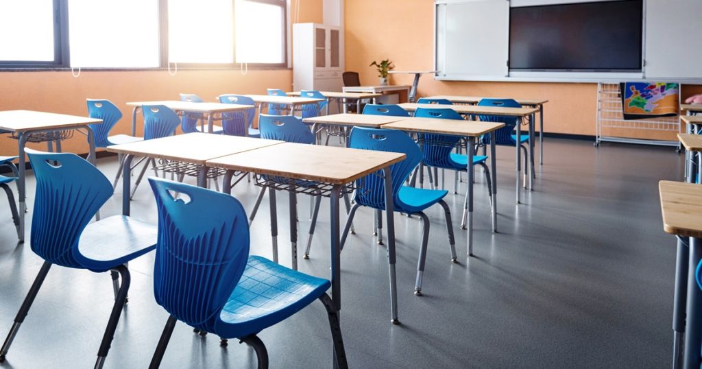 desks in classroom in paired pods arrangement