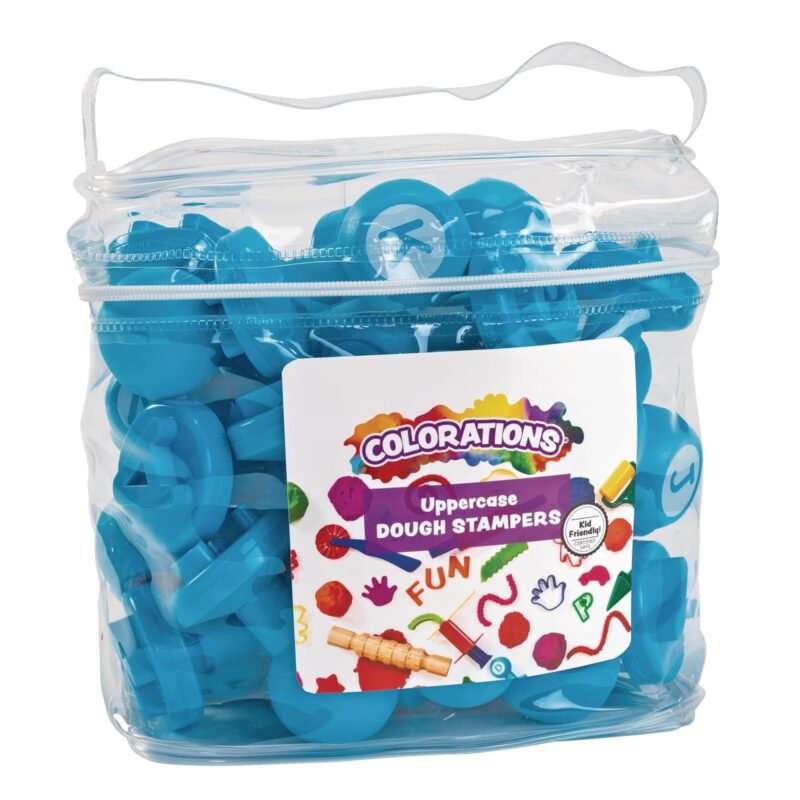 A clear plastic bin holding teal plastic alphabet stamps