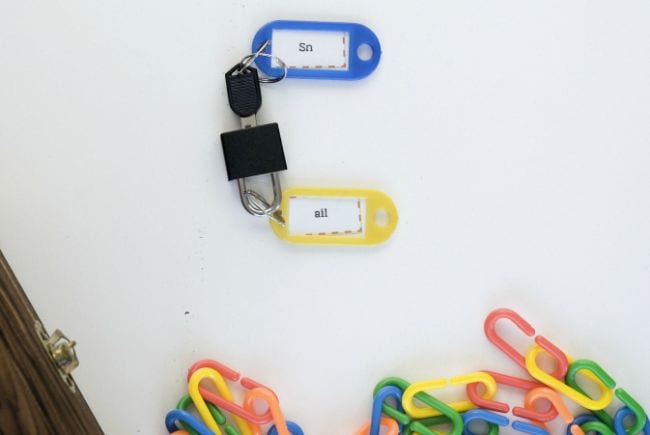 Key and lock set with words to create a phonics activity. 