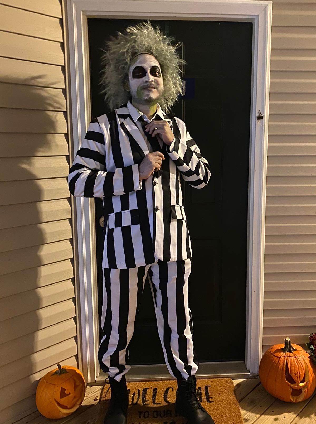Teacher dressed as Beetlejuice for Halloween