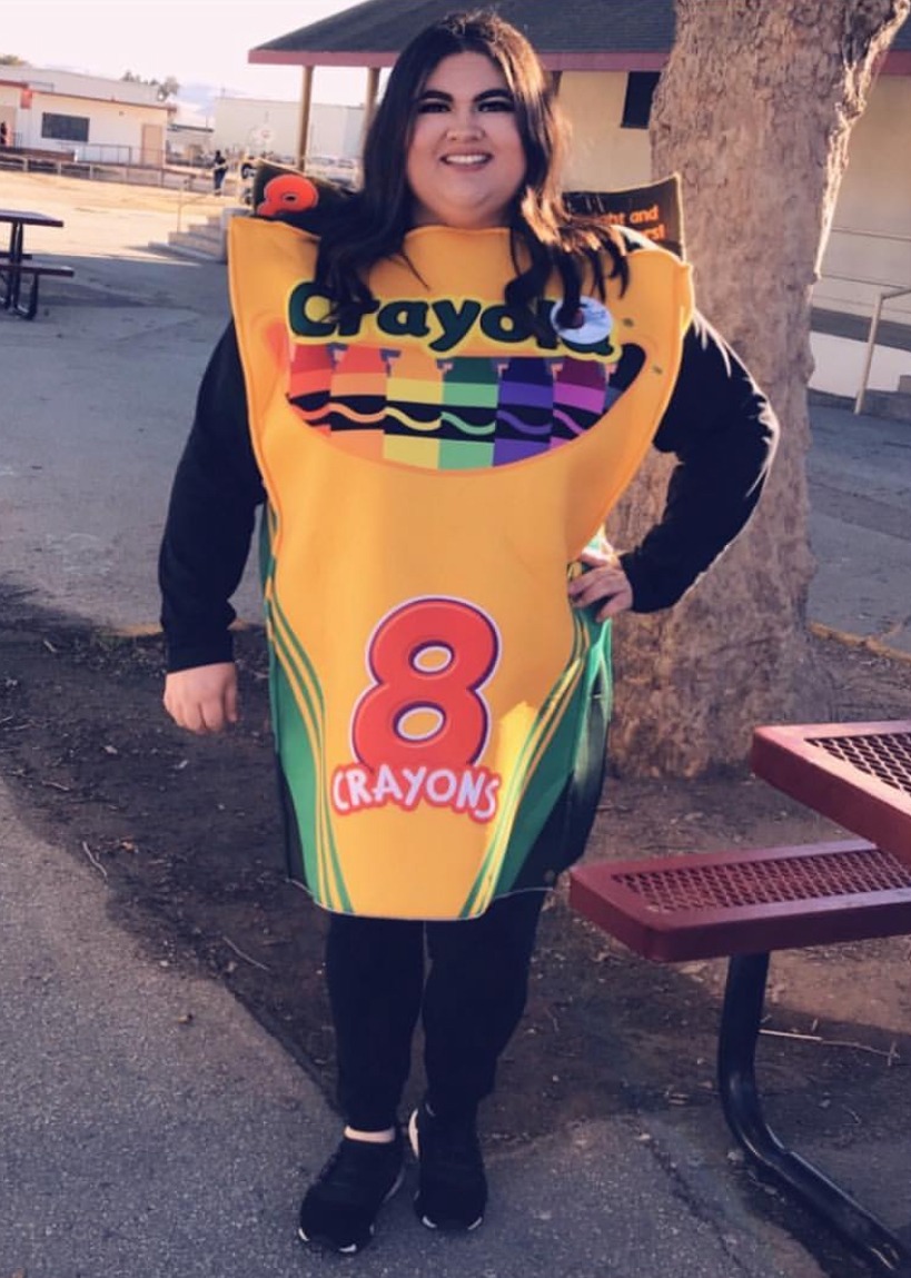 Teacher dressed as a box of Crayola crayons