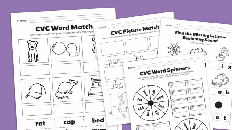 Collage of CVC worksheets on purple background