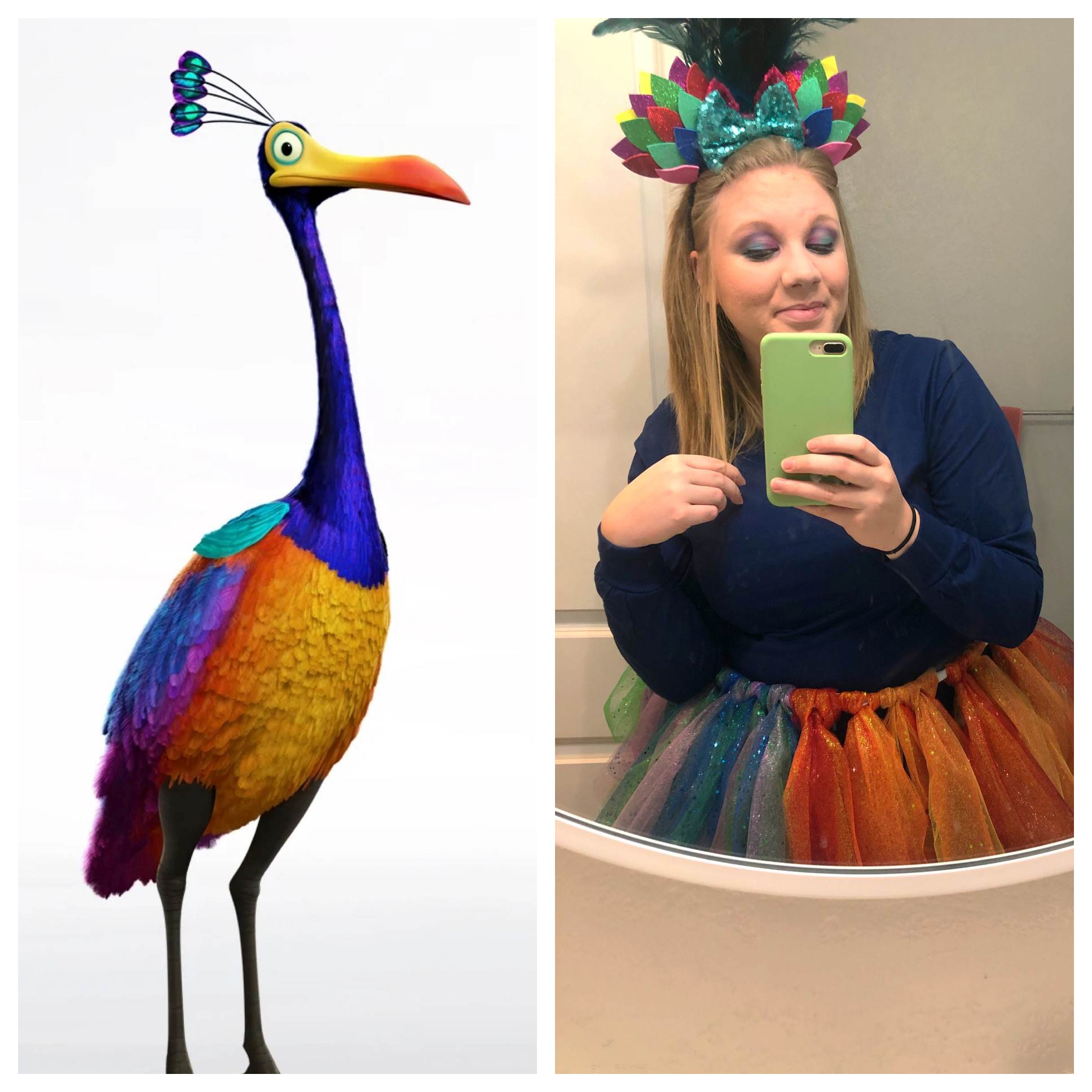 Teacher dressed as Kevin the bird from the movie Up, next to a picture of Kevin