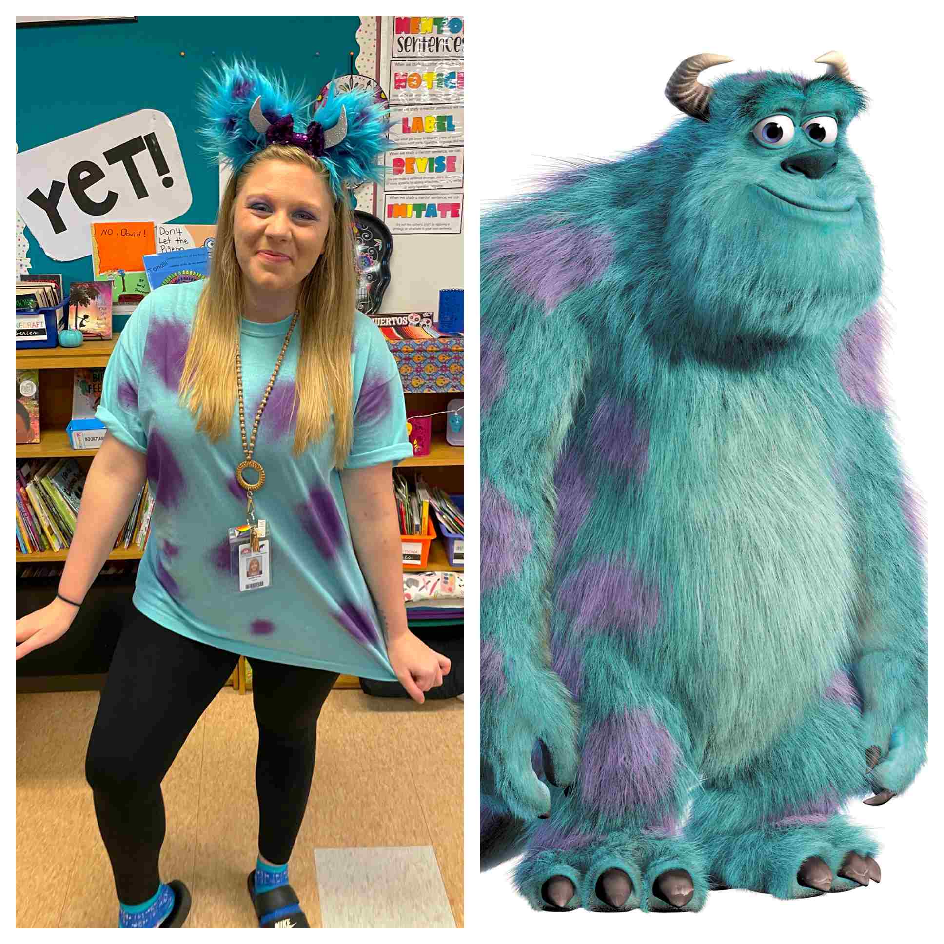 Teacher dressed as Sully from Monsters, Inc., posted next to a shot of Sully from the movie