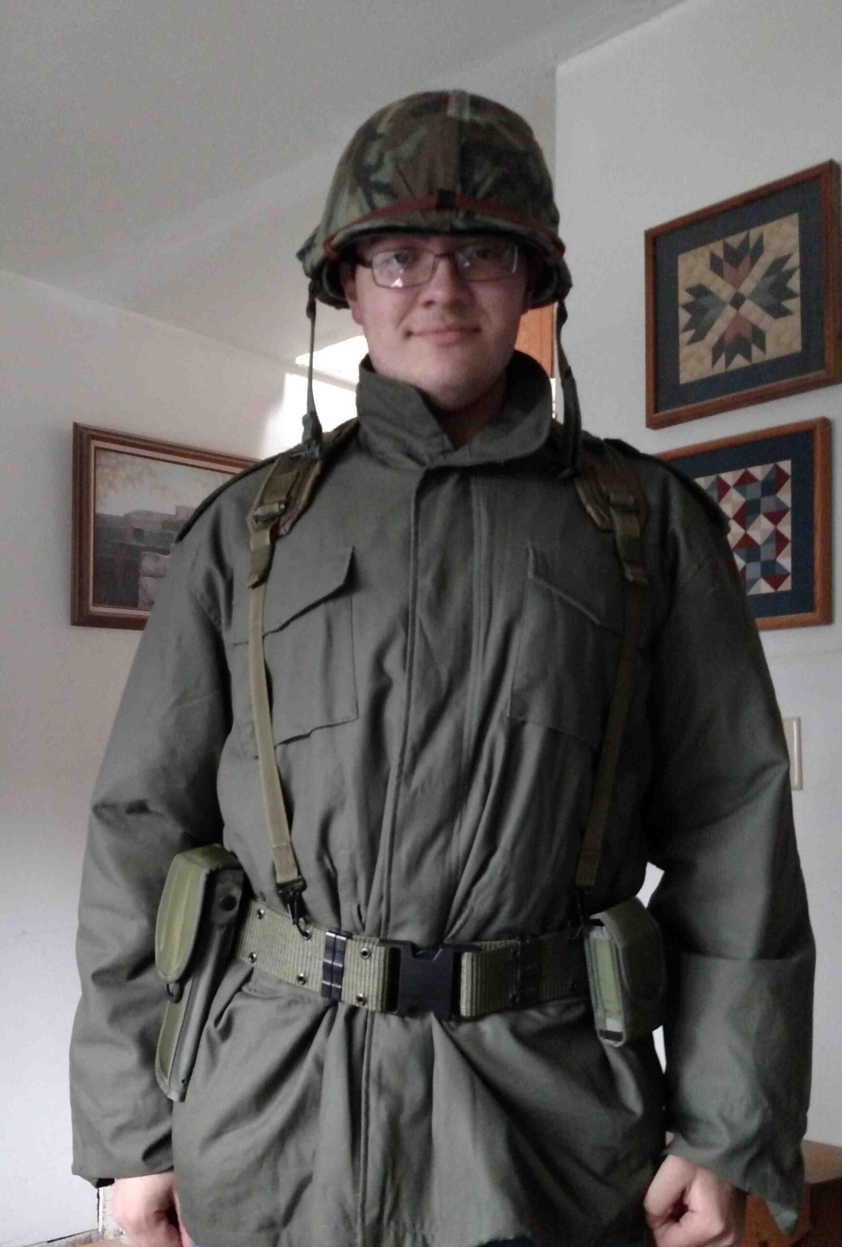 Teacher dressed as a World War I era soldier for Halloween