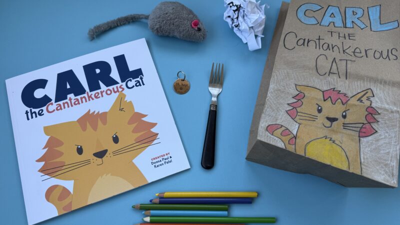 Paper bag with recreation of book cover drawn on it