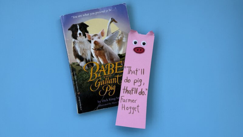 Bookmark drawn to represent a pig on a book
