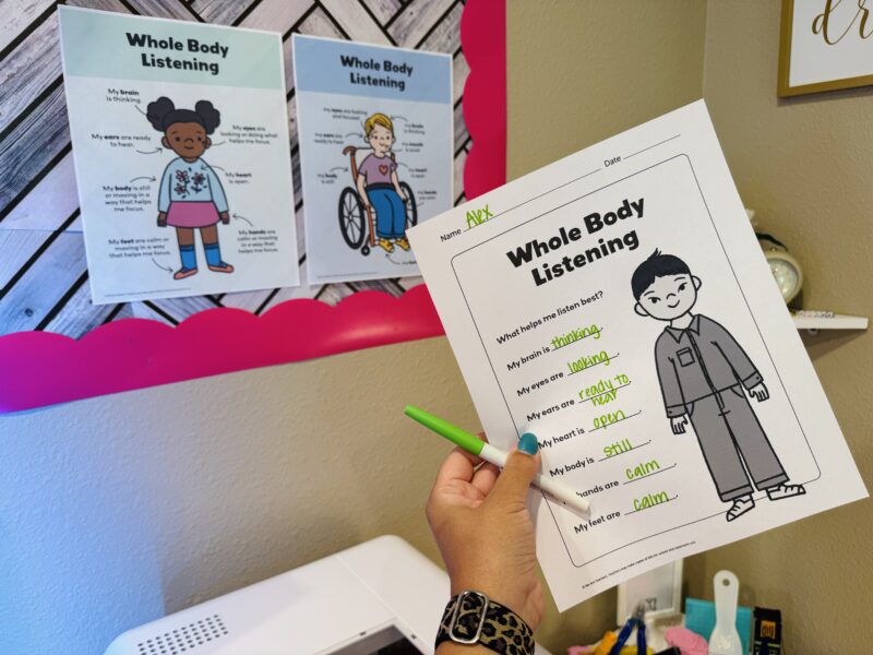 social-emotional learning activities whole body listening bulletin board and printable