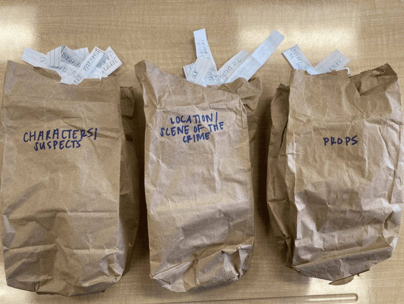 Brown Bags Bags labelled characters/suspects, location/scene of the crime, and props