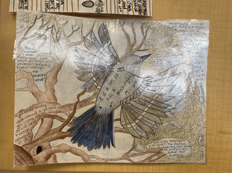 One-Pager Drawing of a mockingbird with words