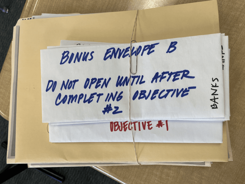 Bonus Envelope Murder Mystery Envelope with words Do not open until after completing objective #2