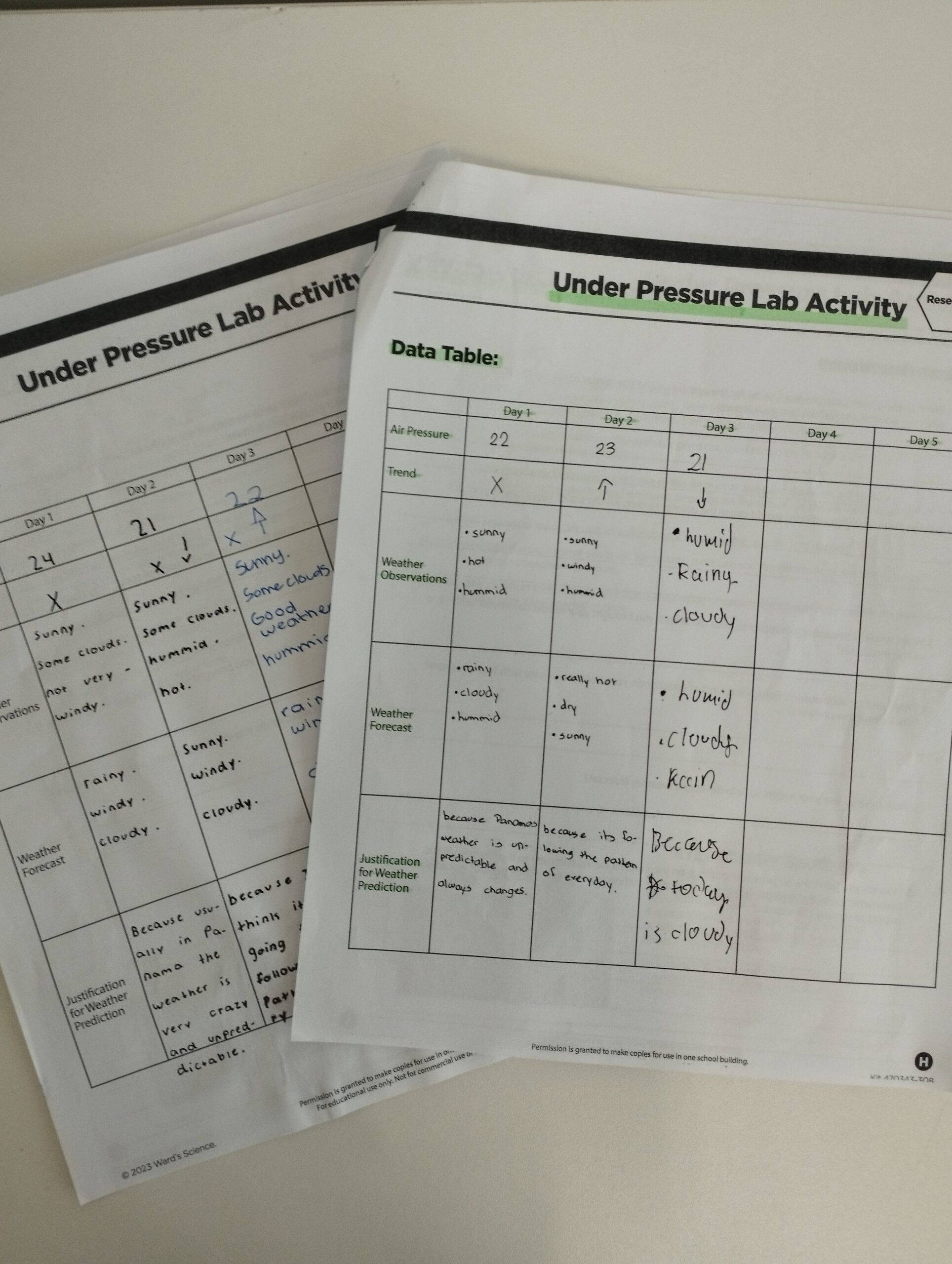 This Science Kit Helps Your Students Turn Air Into A-ha Moments Image of two student data sheets from the Ward's Science Engage Kit "Under Pressure"