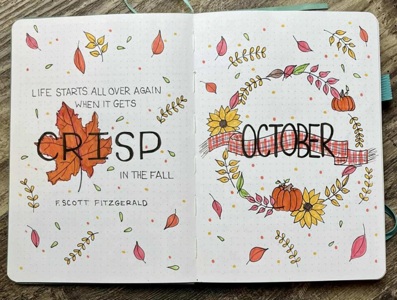 Bullet journal spread for October, with quote and illustrations