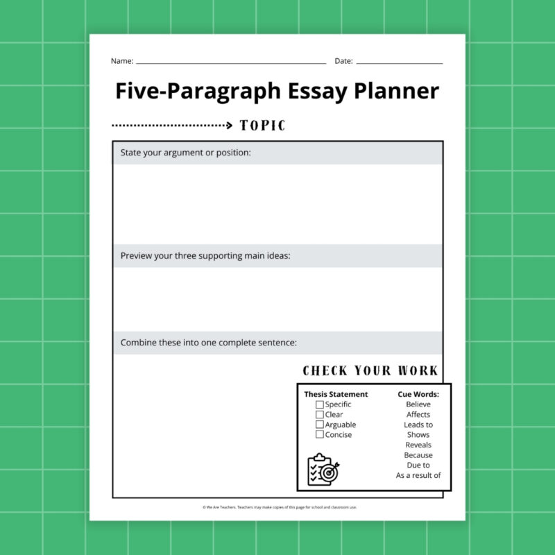 Five Paragraph Essay Planner Worksheet Thesis