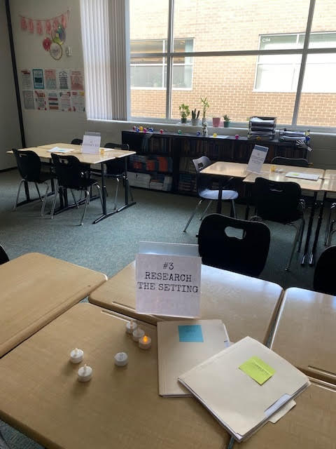 Reasearch Stations High school English classroom set up with station activities.