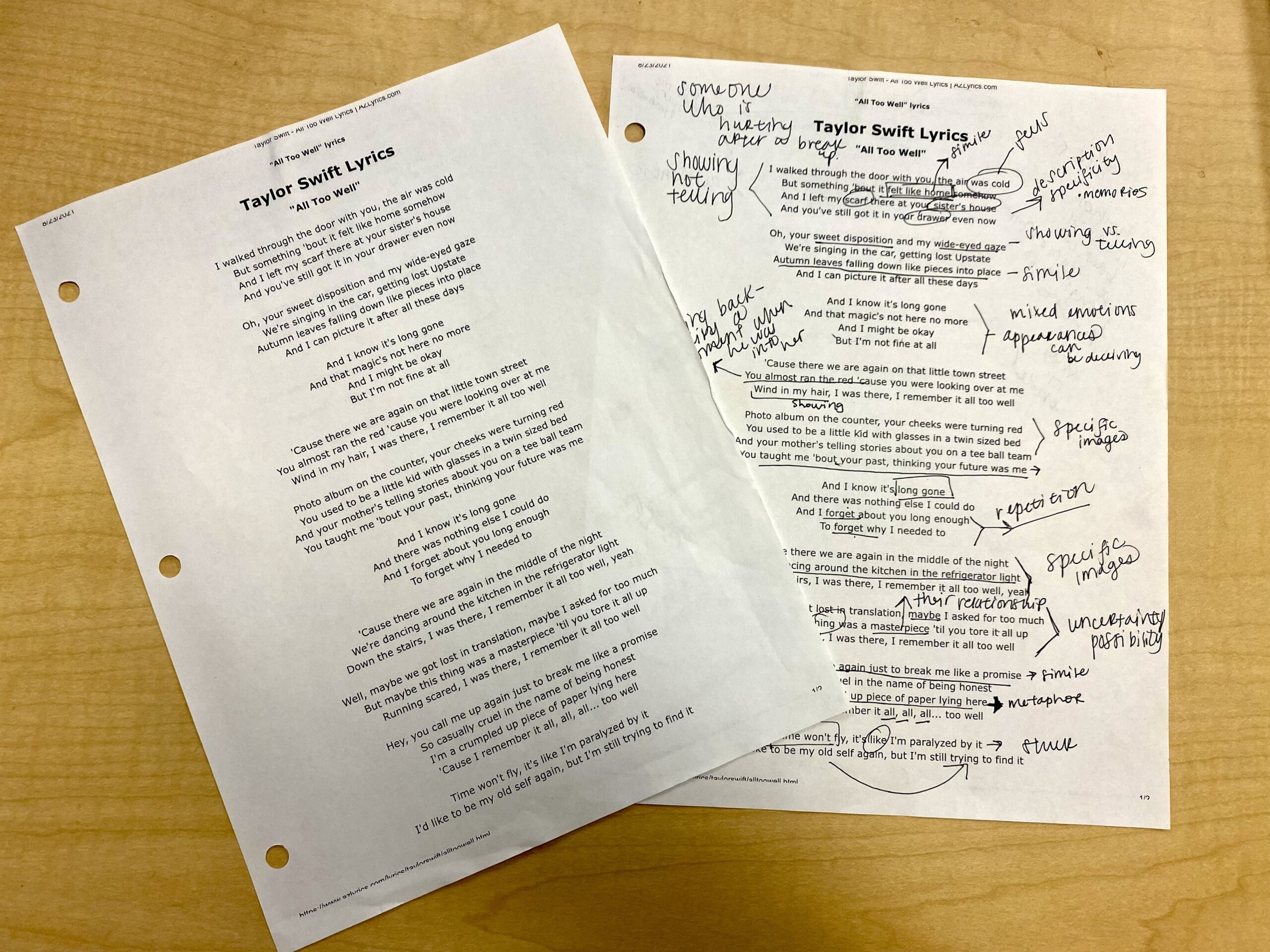 Analyze Taylor Swift Lyrics Print out of Taylor Swift song lyrics with notes analyzing them.