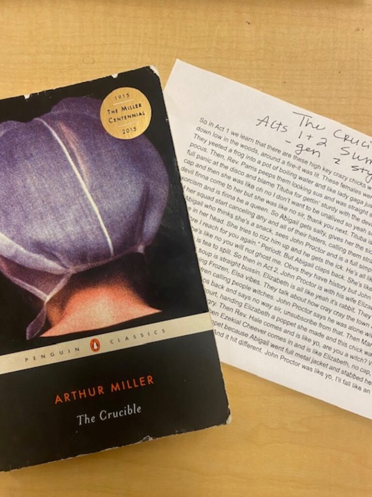 Teen Slang Crucible Crucible book next to sheet of paper with a teen slang version of the book printed on it.