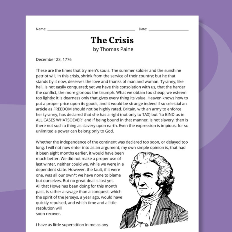 The Crisis by Thomas Paine printable worksheet