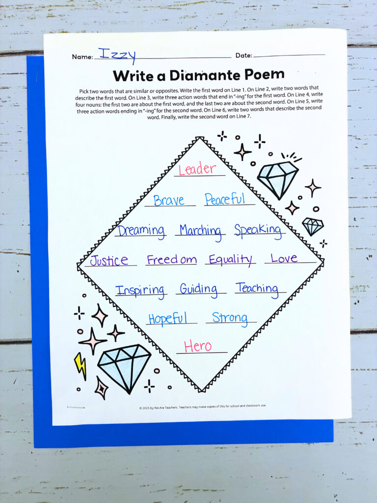 Diamante Poem Martin Luther King Jr. Activities a student worksheet example of a Martin Luther King Jr. diamante poem