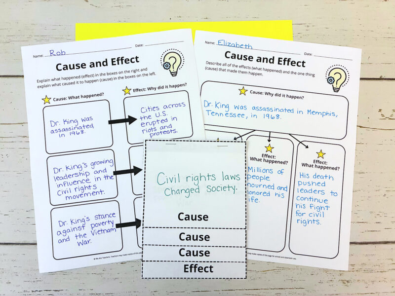 Cause and Effect of Dr. King’s Assassination printable worksheets that have students complete the cause and effect events that led to Dr. King’s assassination