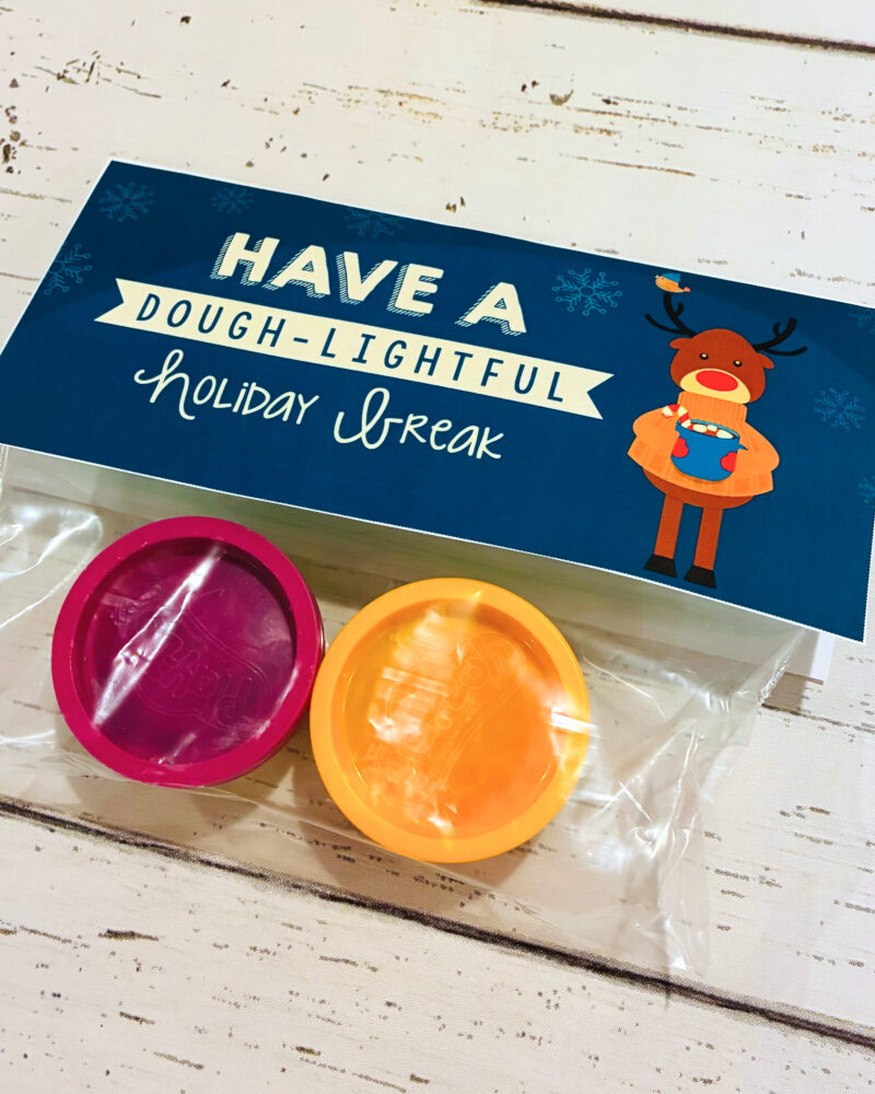 Holiday Gift Tags From Teachers holiday gift tag example for a student craft gift called have a dough-lightful holiday break with a bag of two small playdough containers