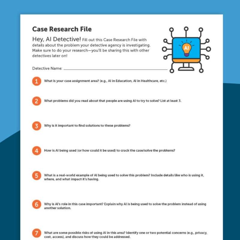 Image of the Case File page from the AI Detectives lesson plan