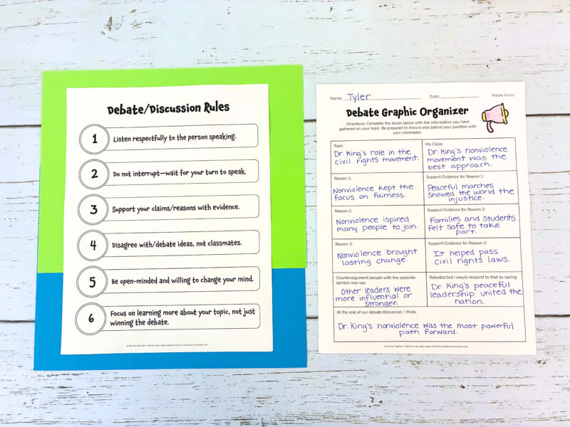 Martin Luther King Jr. Graphic Organizer debate discussion rules poster and complete debate graphic organizer focusing on Martin Luther King Jr.