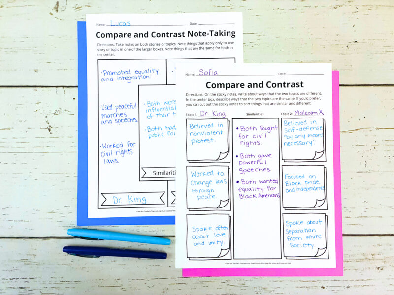 Martin Luther King Jr. Compare and Contrast completed student compare and contrast worksheets focusing on Martin Luther King Jr.
