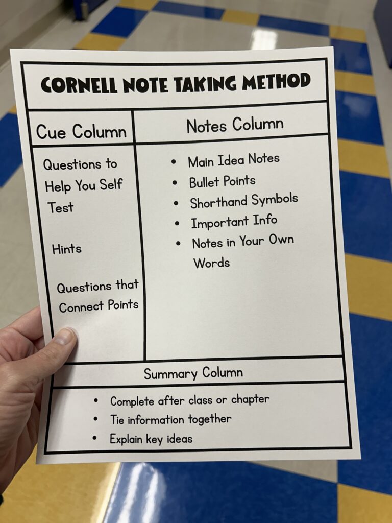 Cornell Note Taking Strategies one worksheet example of how students can use the cornell note taking strategy