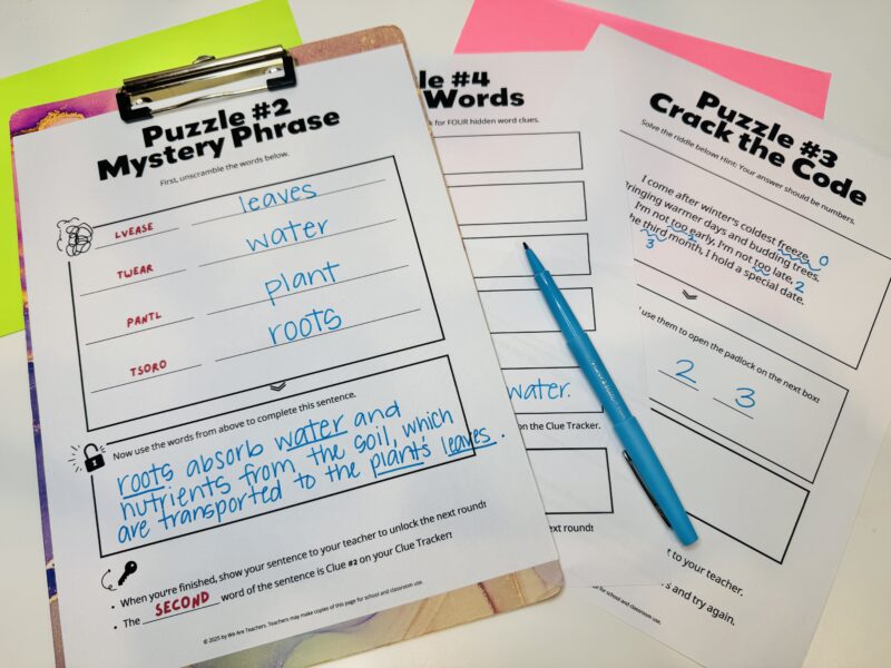 Escape Room Printables as Growth Mindset Activitiesi three escape room printable examples with a blue pen