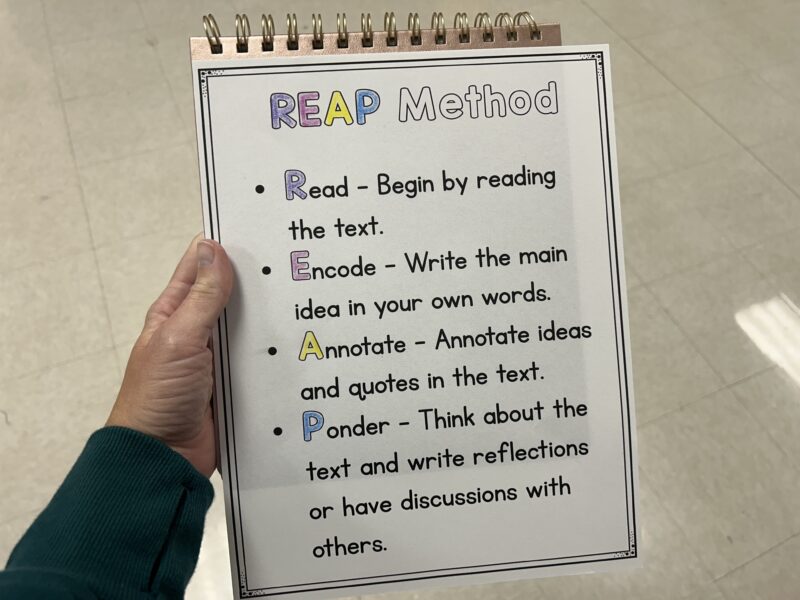 REAP Note Taking Strategies an example of how students can take notes using the REAP note taking method