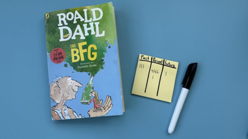 Verb Tenses ActivitiesReadingTenseTracker3 Roald Dahl book and sticky note with markings